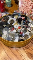 LARGE TIN, JAR FULL OF BUTONS AND SMALL CONTAINER