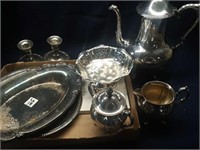 SILVER TEA SET AND STERLING SILVER CANDLE HOLDERS