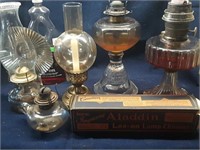 ASSORTED OIL LAMPS AND CANDLE LAMP