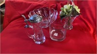 GLASS STEIN, BOWLS AND VASE WITH FLOWERS