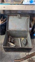 METAL BOX WITH SAD IRONS AND ANTIQUE HAMMER