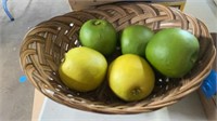 BASKET FAKE FRUIT , 60’S TRAY , COFFEE CUPS AND