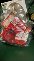 TOTE AND BOX OF CHRISTMAS DECORATIONS