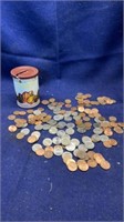 VINTAGE ALMOND BANK WITH NICKELS AND PENNIES