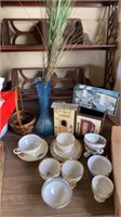VASE, BASKET, HOME DECORVAND CHINA CUPS, SAUCERS