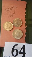 SILVER HALF DOLLARS 1964 QTY 3