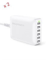 Lot of 2 Ravpower 60W 6-Port Usb Wall Charger, Whi
