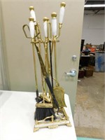 Brass Fireplace Tool Set with Marble Accents
