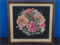 Vintage Wood Frame Needlepoint Flowers