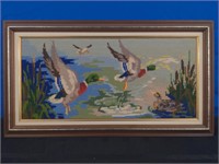 Vintage Wood Frame Needlepoint Geese in Flight