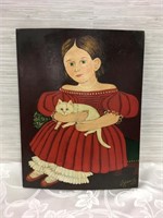 Vintage Folk Art Painting Young Girl with Cat