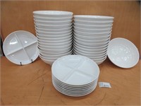 32 WHITE BOWLS & 9 SECTION PORTION PLATES