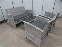 4 PC WOVEN GREY RESIN PATIO SET WITH CUSHIONS
