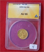 1855 $2.50 Gold Coin ANACS AU55