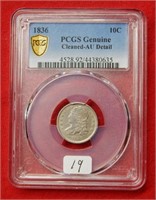 1836 Bust Silver Dime PCGS Genuine Cleaned AU