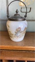 Antique glass biscuit jar hand painted