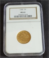 1905 Graded Gold $5 Liberty Head Coin MS62