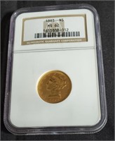 1893 Graded Liberty Head $5 Gold Coin MS62