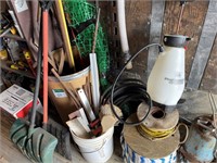 Lot:  Garden Tools, Rope Sprayer, Shovel ++