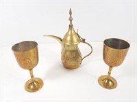 Brass Tea Pot & Goblets (x3)