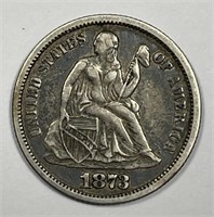 1873 Seated Liberty Open Silver Dime Extra Fine XF