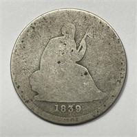 1839 Seated Liberty Silver Quarter About Good AG