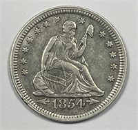1854 Seated Liberty Silver Quarter Extra Fine XF