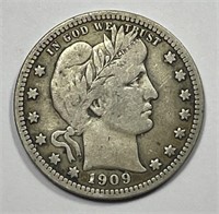 1909 Barber Silver Quarter Very Fine VF