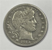 1913-D Barber Silver Quarter Very Fine VF