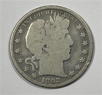 1892 Barber Silver Half About Good AG