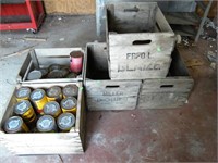 5 APPLE CRATES, 2 WITH 32 FULL QT. OIL CANS