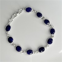 Blue Sapphire Silver Chain Bracelet. Oval Natural