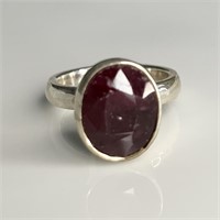 Minimal Ruby Silver Ring. Oval faceted Ruby set in