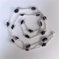 Rough Amethyst Long Silver Delicate Chain. 925 Sil