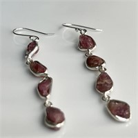 Rough Ruby Dangler Earrings. 925 Silver hooks.