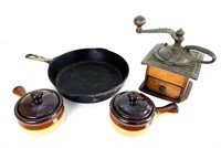 Antique Coffee Grinder, Cast Iron Pan, & Pots