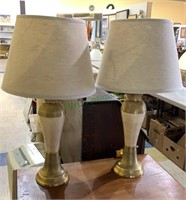 Matched pair of brass and ceramic table lamps