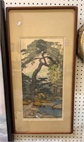 Framed Chinese print of a cedar tree with ducks