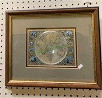 Framed world globe print on silver foil w/nice