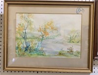 Framed watercolor painting - trees by water -