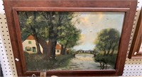 Antique oil painting on board - cottage by the