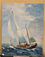 Unframed oil painting - sailboat in the water - by