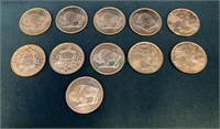 Lot of 11 AVDF one ounce fine copper coins,