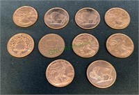 Lot of 10 AVDF 1 ounce copper coins, standing