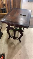 Antique wood side table w/2 holes cut in the top
