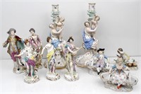 MEISSEN 8 FIGURINES AND 2 CANDLE HOLDERS