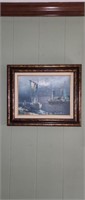 Ornate framed signed Harbor scene canvas oil