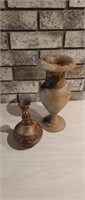 2 hand carved wood flower vases