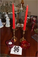 Brass Candle Sticks and Red Glass Ash Tray and