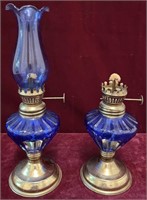 Pair of Cobalt Blue Oil Lamps(one chimney)
